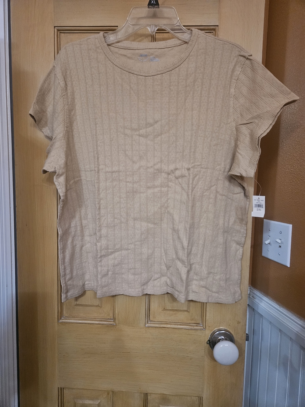 Aerir Cotton Ribbed Pointelle Tee - Beige